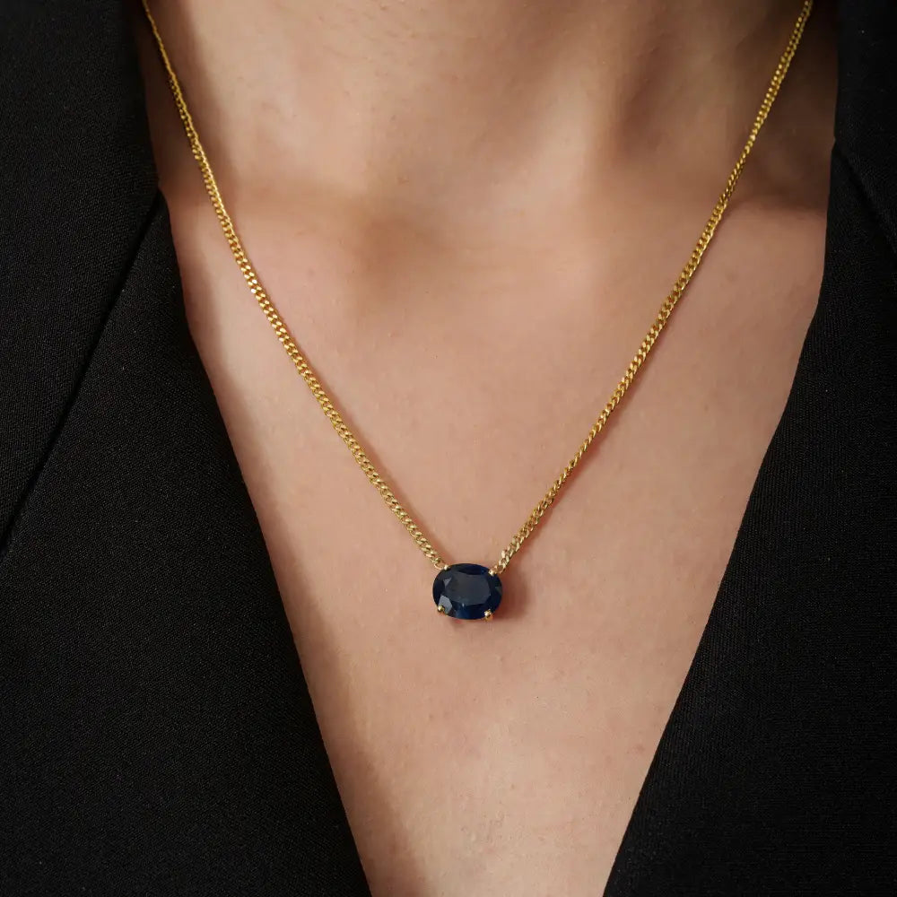 Prong Set Blue Sapphire Miami Cuban Chain Single Stone Pendant Necklace K14 Solid Yellow Gold