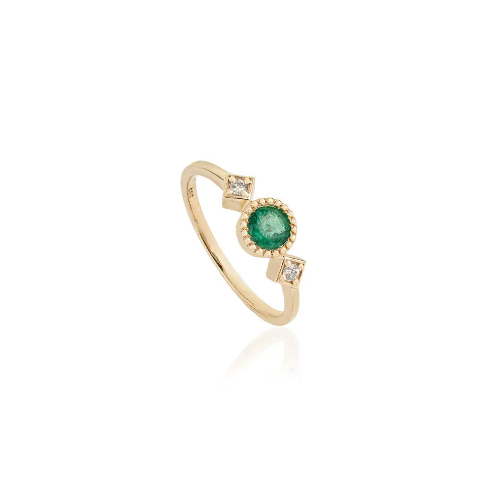 Dainty Emerald & Diamond K14 Pure Yellow Gold Three Stone Ring Stacking Jewelry For Women