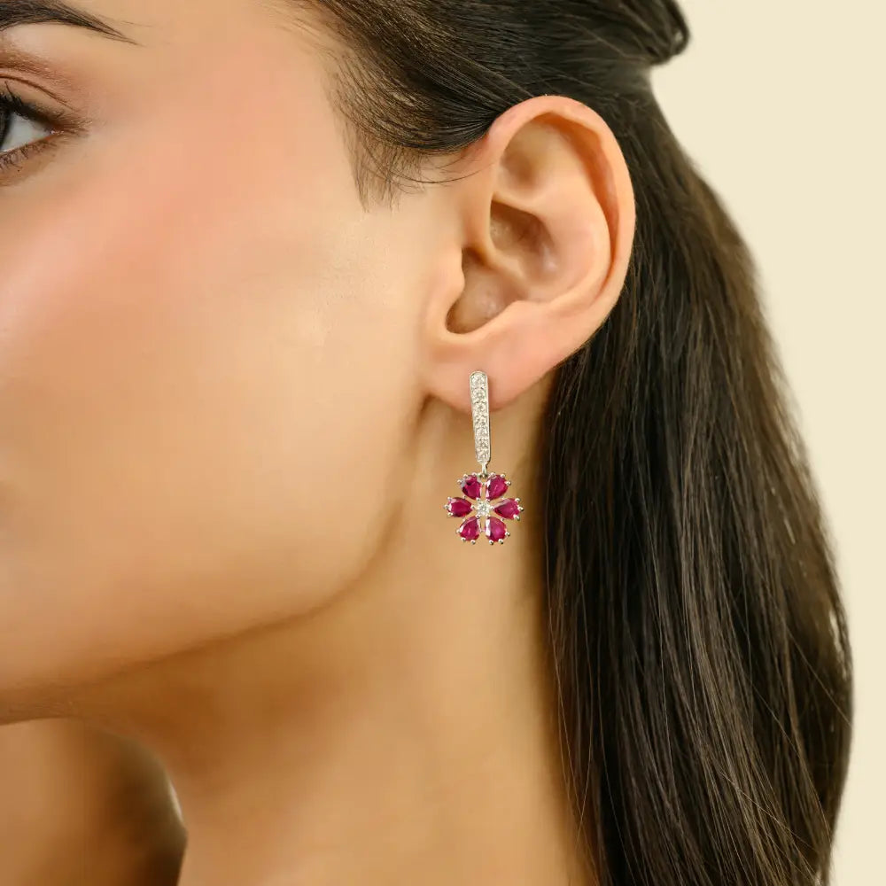 Pear Shape Ruby & Diamond Flower Design Drop Women Earrings 18K White Gold Jewelry