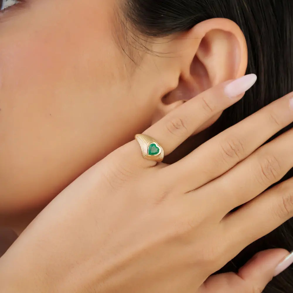 Gypsy Set Emerald K14 Yellow Gold Croissant Pinky Ring Precious Gemstone Bulk Jewelry