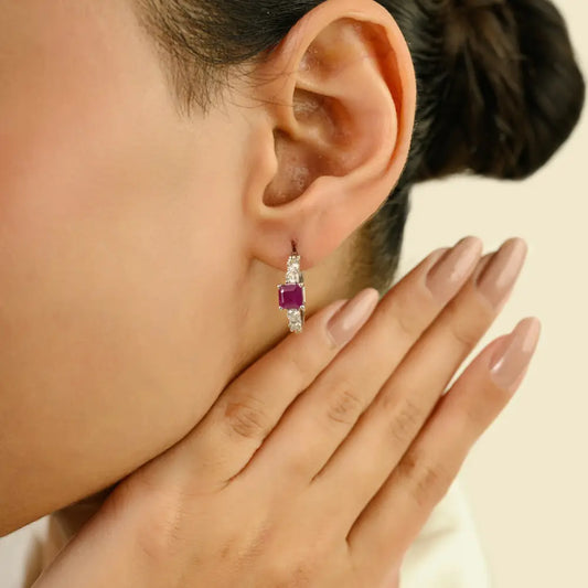 5x5 mm Square Shape Real Ruby & Diamond K18 White Gold Women Hoop Earrings Fine Jewelry