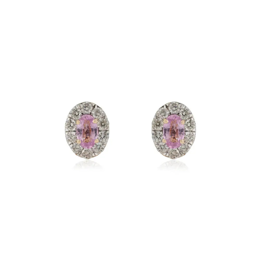 Natural Pink Sapphire & Diamond  Minimal Dainty Halo Stud Earrings K14 Solid Yellow Gold