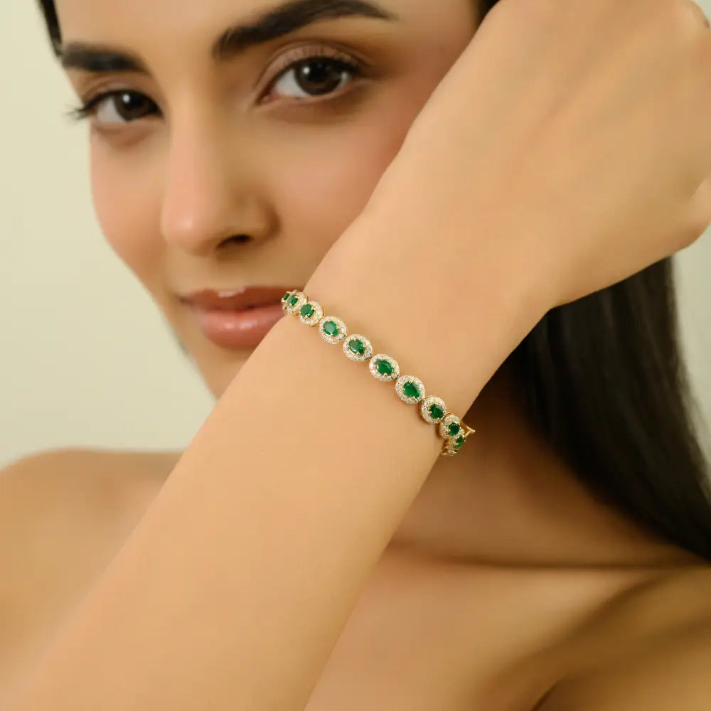 4x3 mm Oval Cut Emerald & Diamond Halo Tennis Bracelet Wedding Gift 14K Yellow Gold