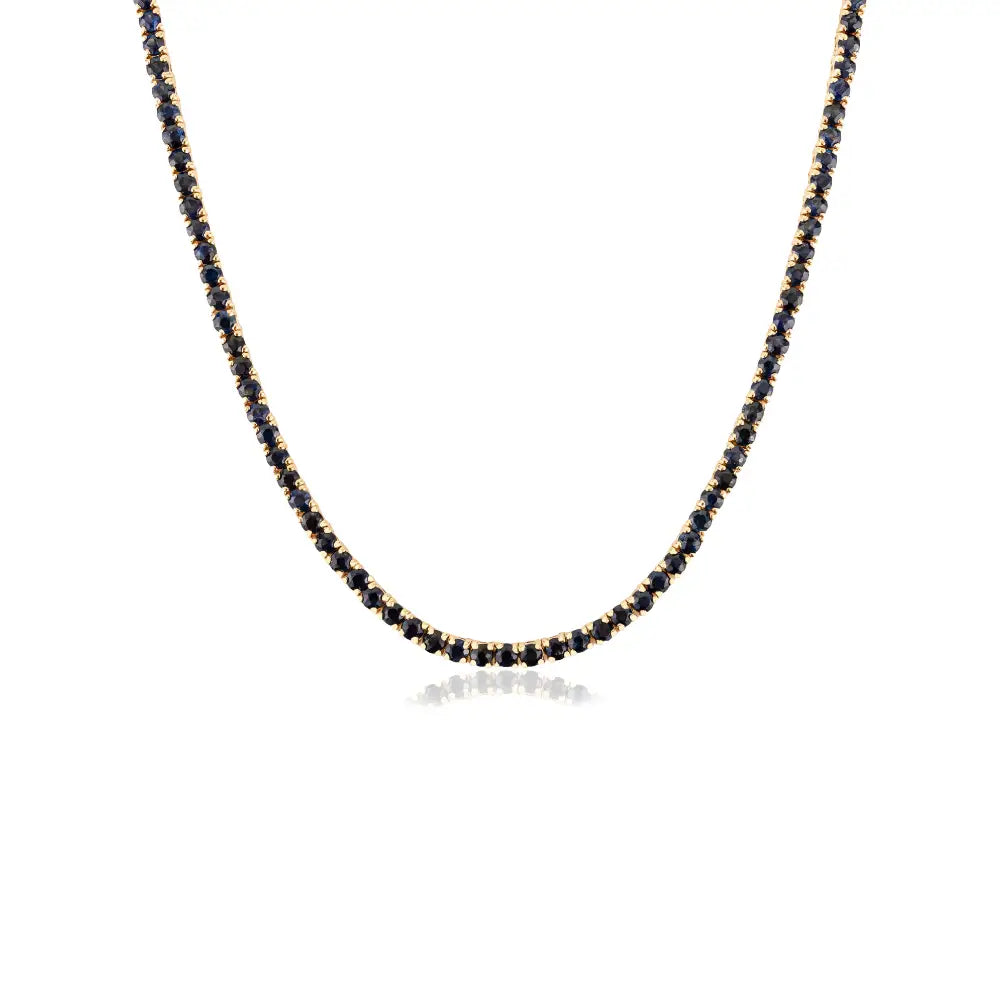 New Trendy 14K Real Yellow Gold Blue Sapphire Sleek Tennis Necklace Party Wear Jewelry