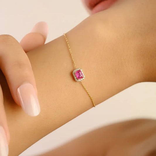 Prong Setting Ruby & Diamond 14K Real Gold Solitaire Halo Bracelet Gift For Wife New Collection