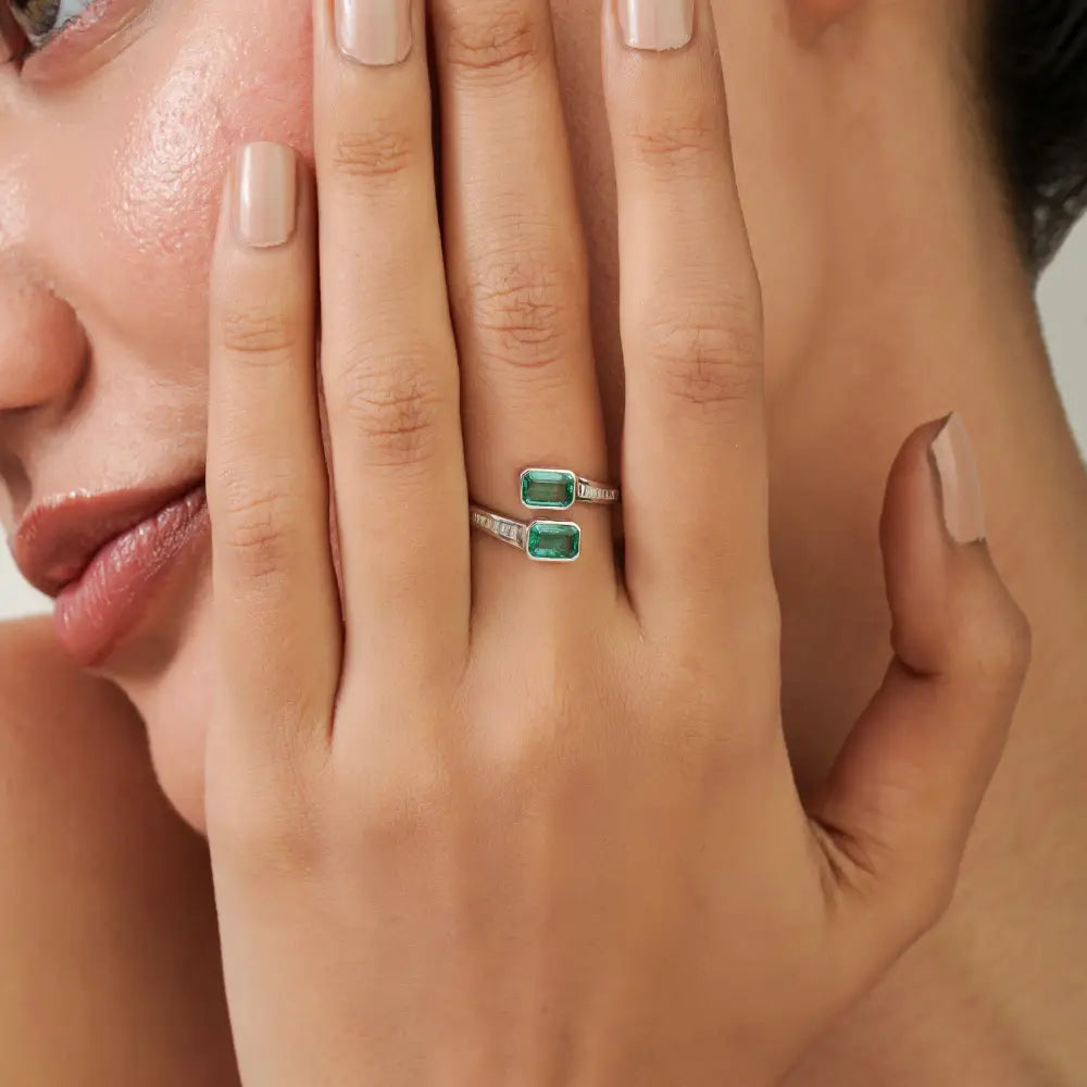 Bezel Set Emerald & Diamond Latest Design Bypass Ring K14 White Gold Fine Custom Jewelry
