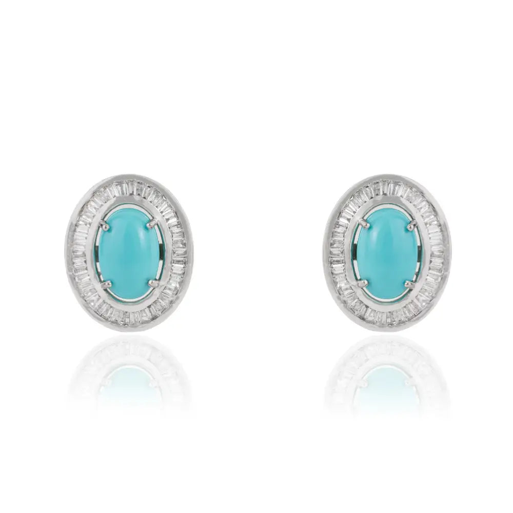 Best Selling 9x6mm Oval Cut Turquoise & Diamond Halo Stud Earrings 14K White Gold Jewelry