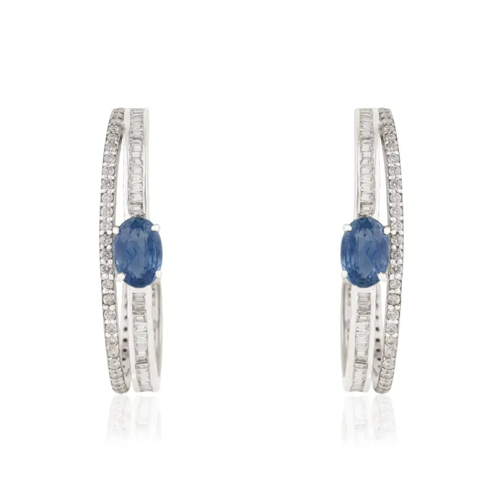 Latest Design Blue Sapphire & Diamond 14K White Gold C Shape Hoop Earrings For Women