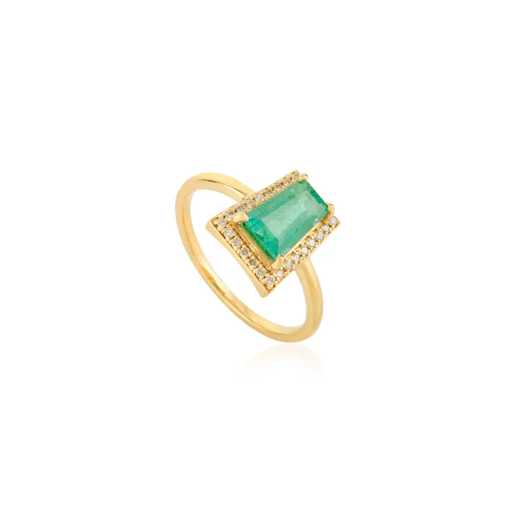 Latest Design Fine Emerald & Diamond Halo Stackable Ring K18 Yellow Gold Jewelry Supplier