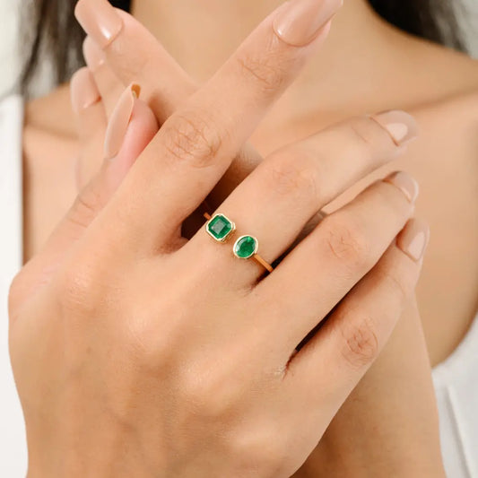 May Birthstone 100% Natural Emerald Real 14K Yellow Gold Open Two Stone Ring Handcrafted Jewelry