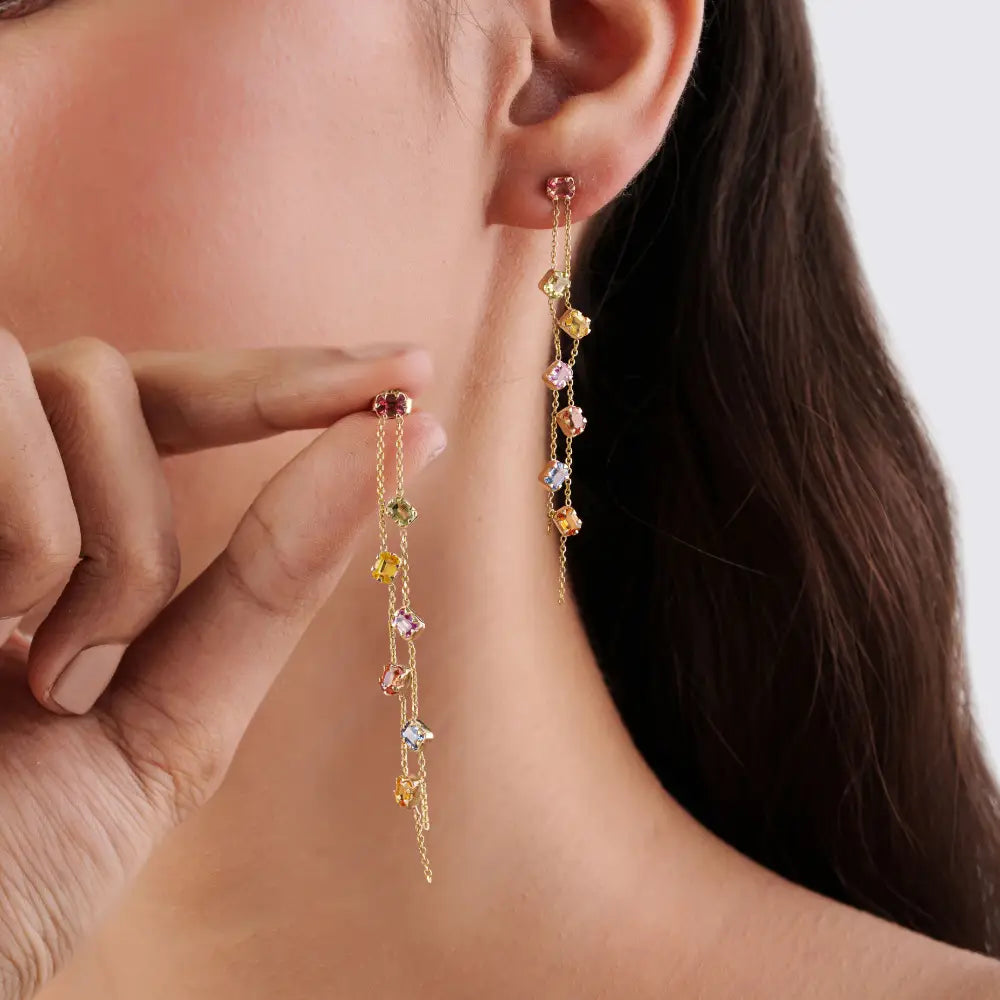 14K Yellow Gold Rainbow Multi Sapphire Double Link Chain Dangle Earrings For Wedding
