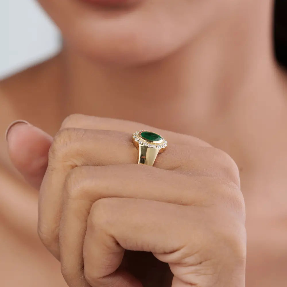 Precious Gemstone Emerald & Diamond Halo Signet Ring 14K Yellow Gold Handmade Jewelry