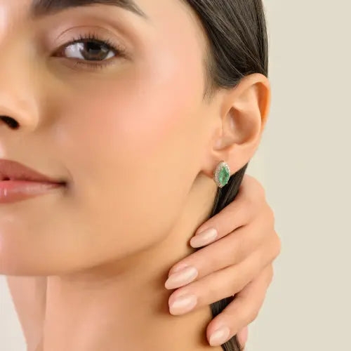 Trending Marquise Cut Emerald & Round Diamond Halo 925 Silver Stud Earrings For Women Party Wear Jewelry