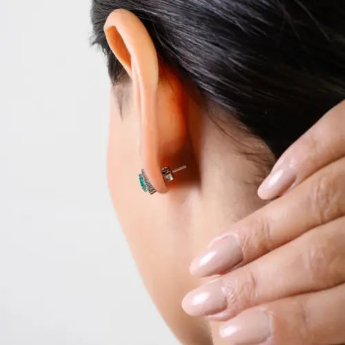 Oval Cut Emerald & Round Diamond Cluster 925 Sterling Silver Stud Earrings For Women's