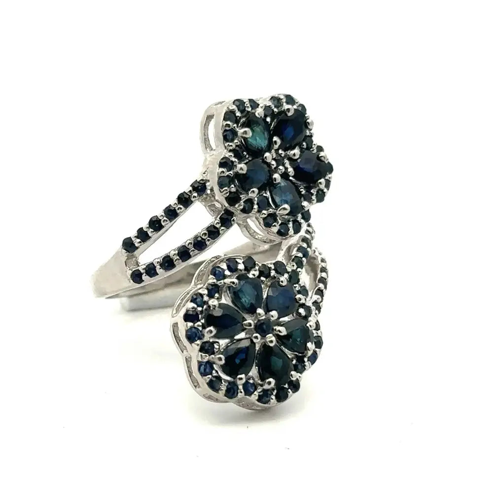 Handcrafted Real Blue Sapphire Double Flower Bypass Ring For Wedding Accessories Fine Jewelry