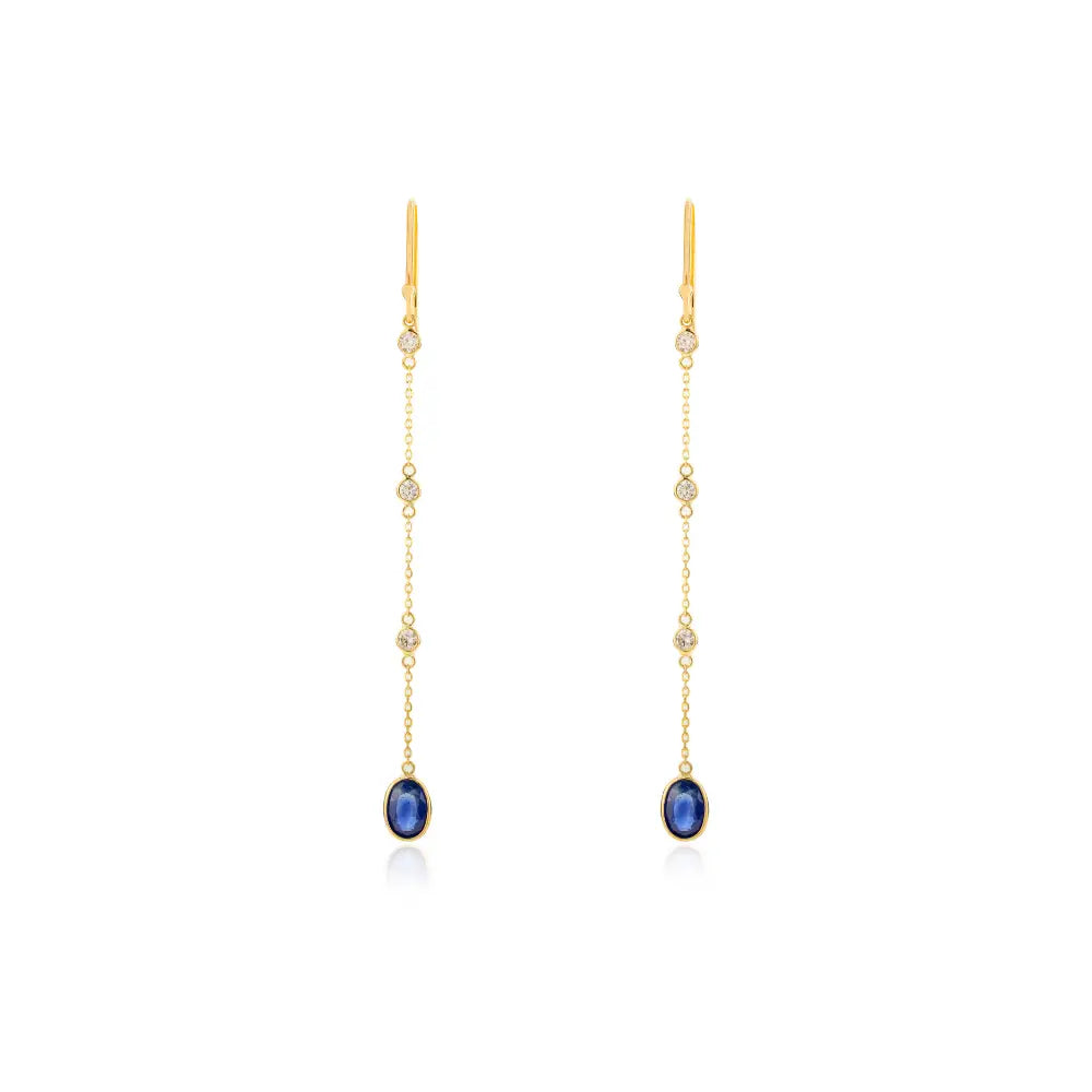 Bezel Set Blue Sapphire & Diamond Long Dangling Earrings 18K Solid Gold Women & Girls Jewelry