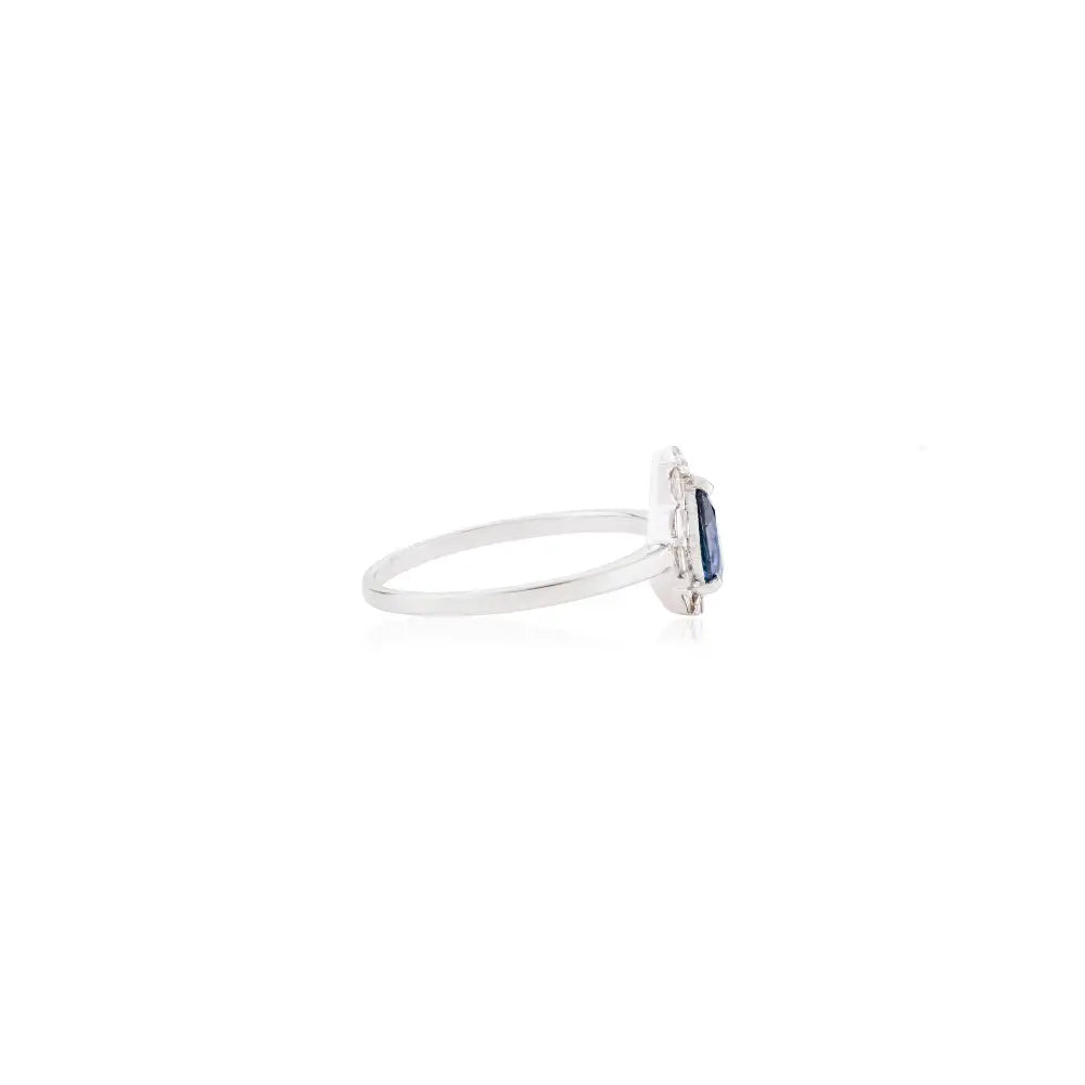 Handmade Blue Sapphire & Diamond Pear Shape Halo Stackable Ring 14K White Gold Fine Jewelry