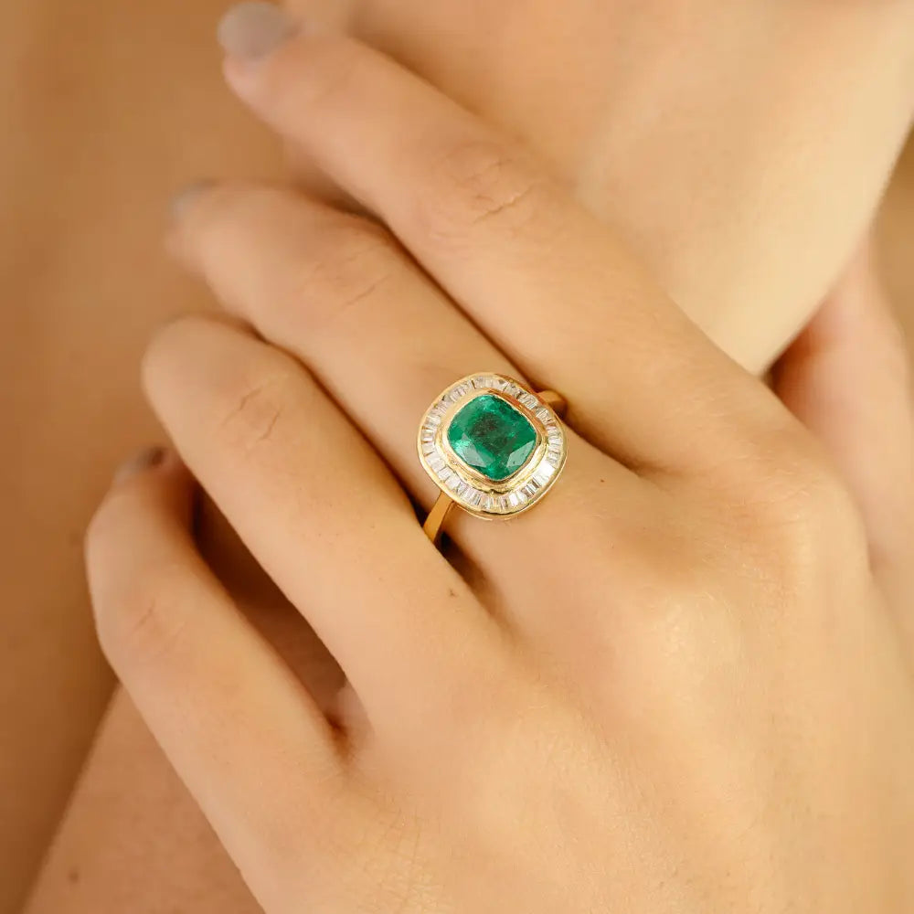 May Birthstone Emerald & Diamond 18K Pure Yellow Gold Halo Engagement Ring Trendy Jewelry