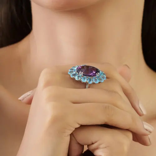 High Quality Natural Amethyst Blue Topaz & Orange Sapphire 925 Silver Bold Statement Ring