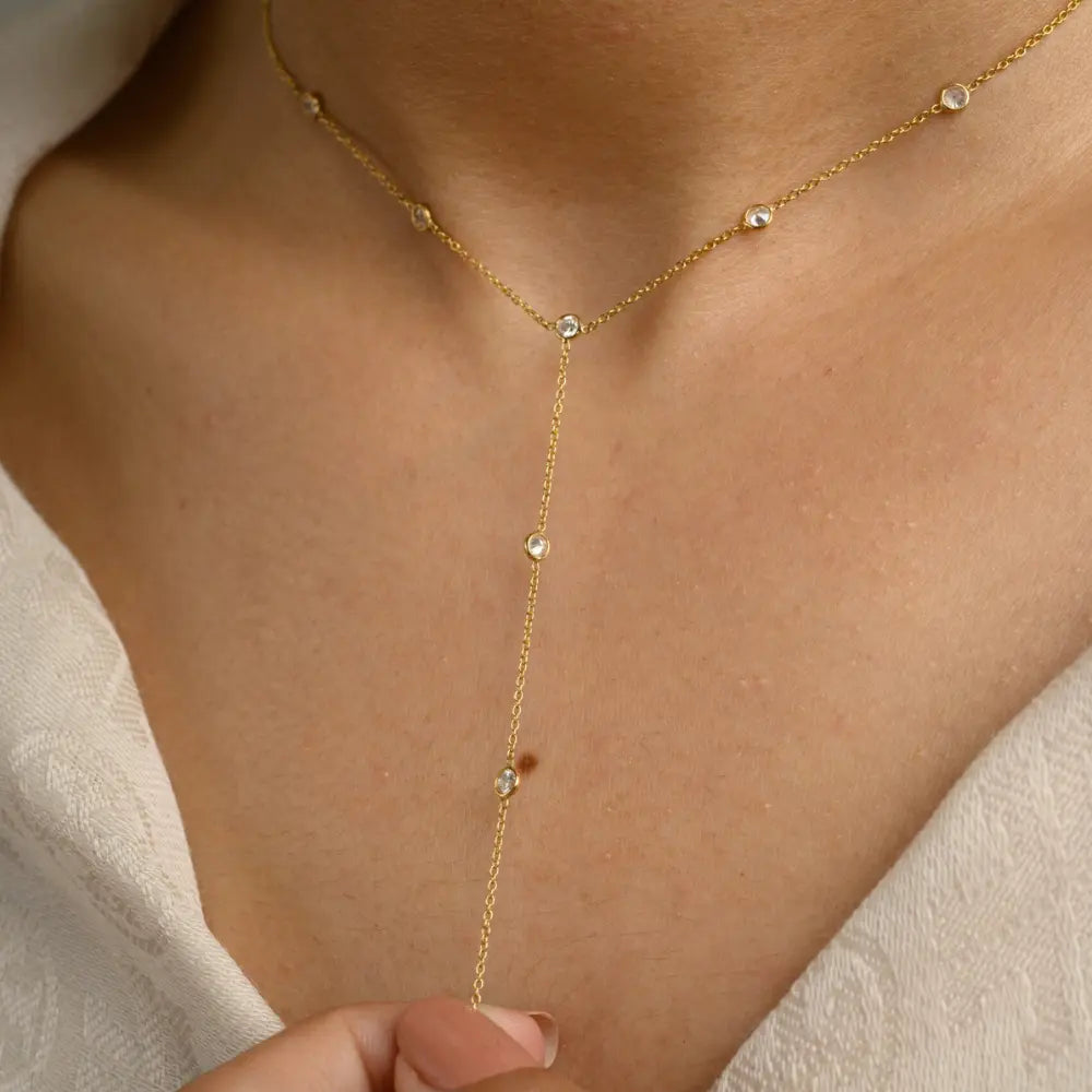 Minimal Jewelry 18K Solid Yellow Gold Natural Diamond Long Chain Necklace