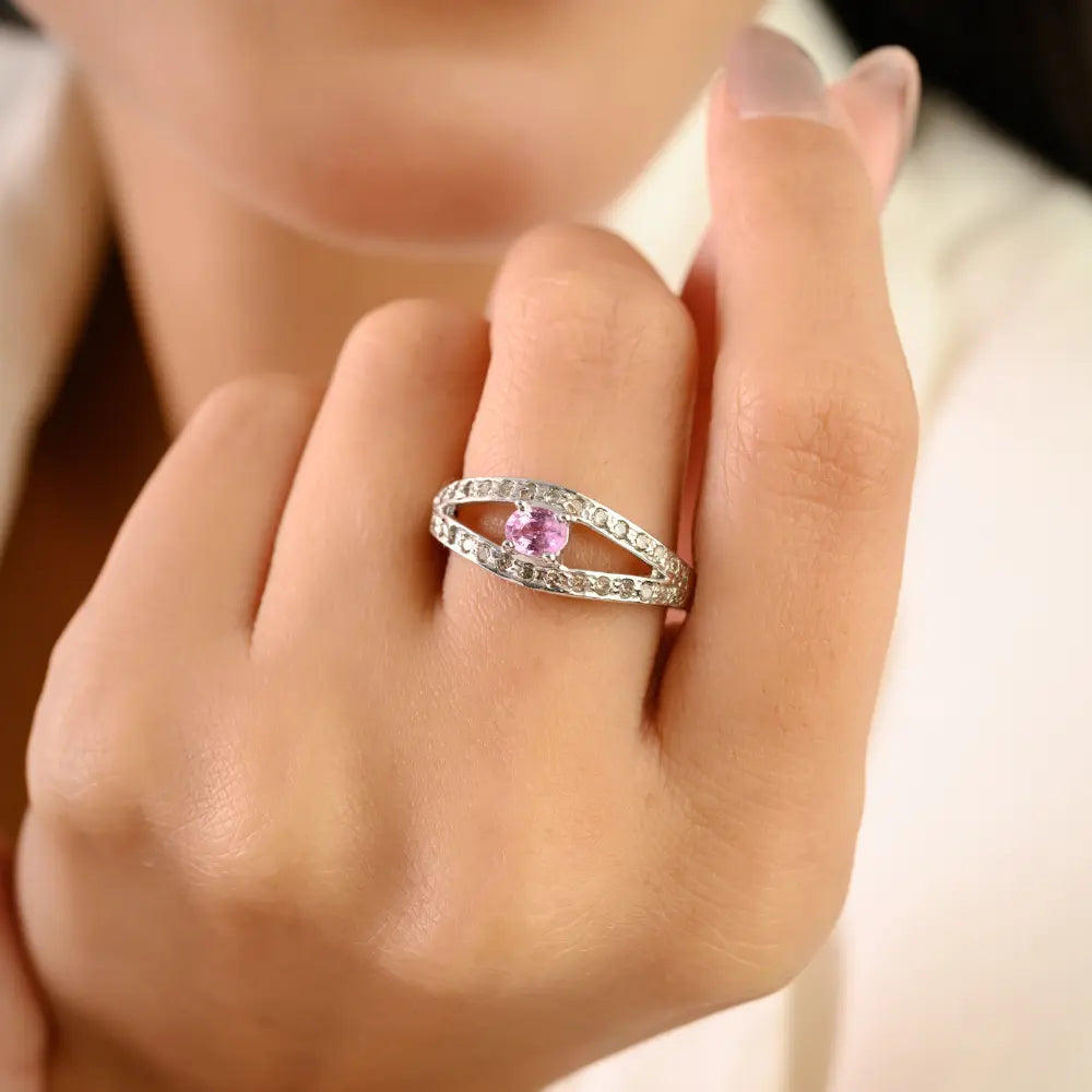 Pink Sapphire Elegant Split Shank 925 Sterling Silver Ring for Women Fine Jewelry