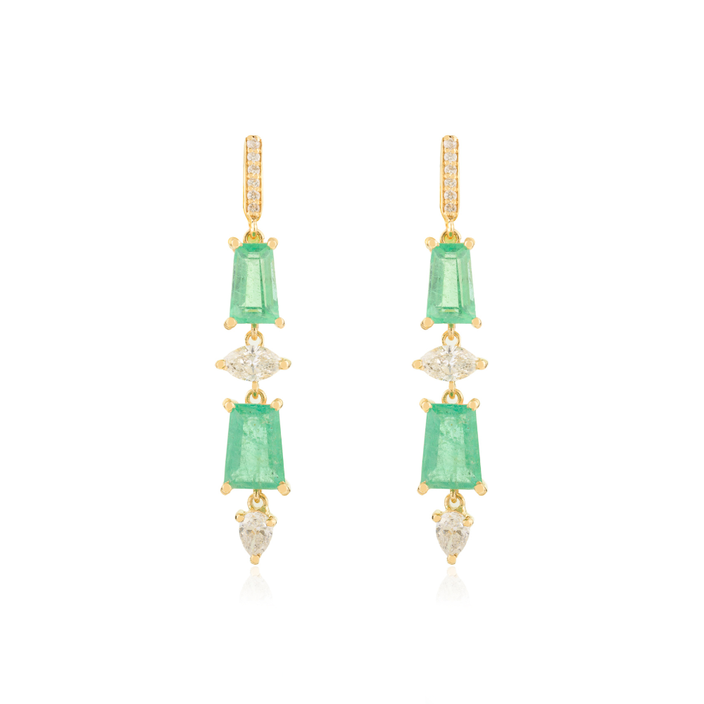 Wholesale Natural Emerald & Diamond 18K Yellow Gold Dangle Earrings High Grade Jewelry