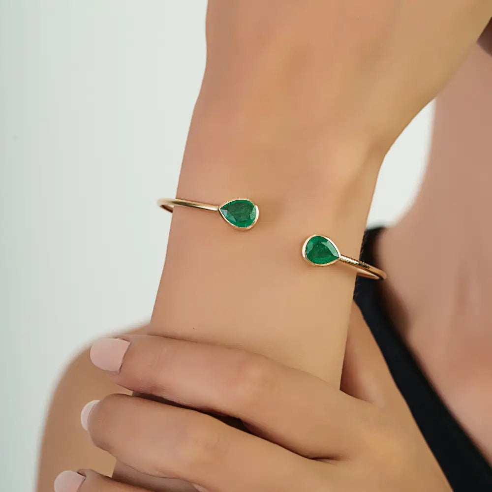 Real 14K Yellow Gold Emerald Gemstone Flexible Cuff Bangle For Unisex Stackable Jewelry