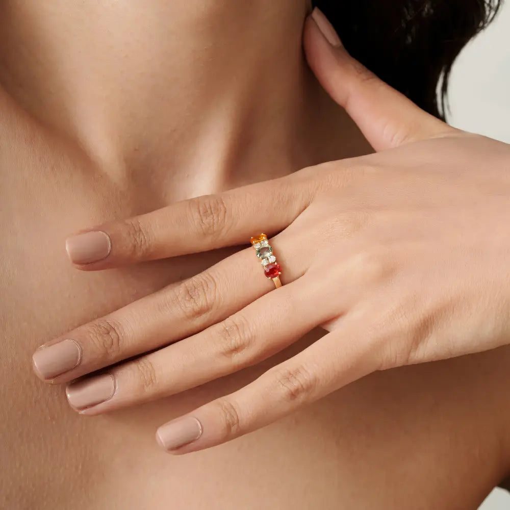 Minimal Simply Multi Sapphire & Diamond Fine Three Stone Ring Pure 14K Yellow Gold Jewelry