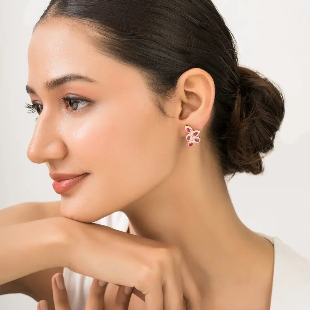 New Stylish 14K Real Yellow Ruby & Diamond Wings Shape Halo Stud Earrings Fine Jewelry