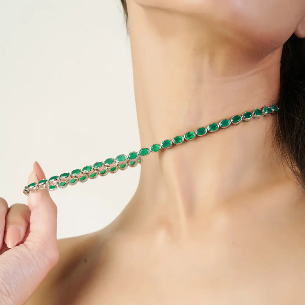 Bezel Set Natural Oval Cut Green Onyx Gemstone Tennis Necklace In 925 Sterling Silver For Women's