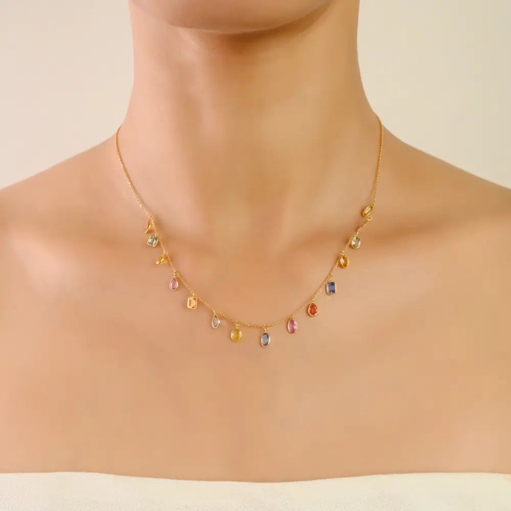 Mix Shape Colorful Multi Sapphire 18K Solid Yellow Gold Charm Chain Necklace For Women