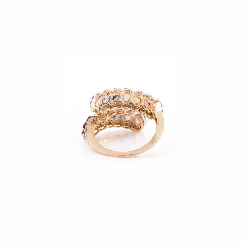 Rainbow Multi Sapphire & Diamond K14 Yellow Gold Statement Bypass Ring For Wedding