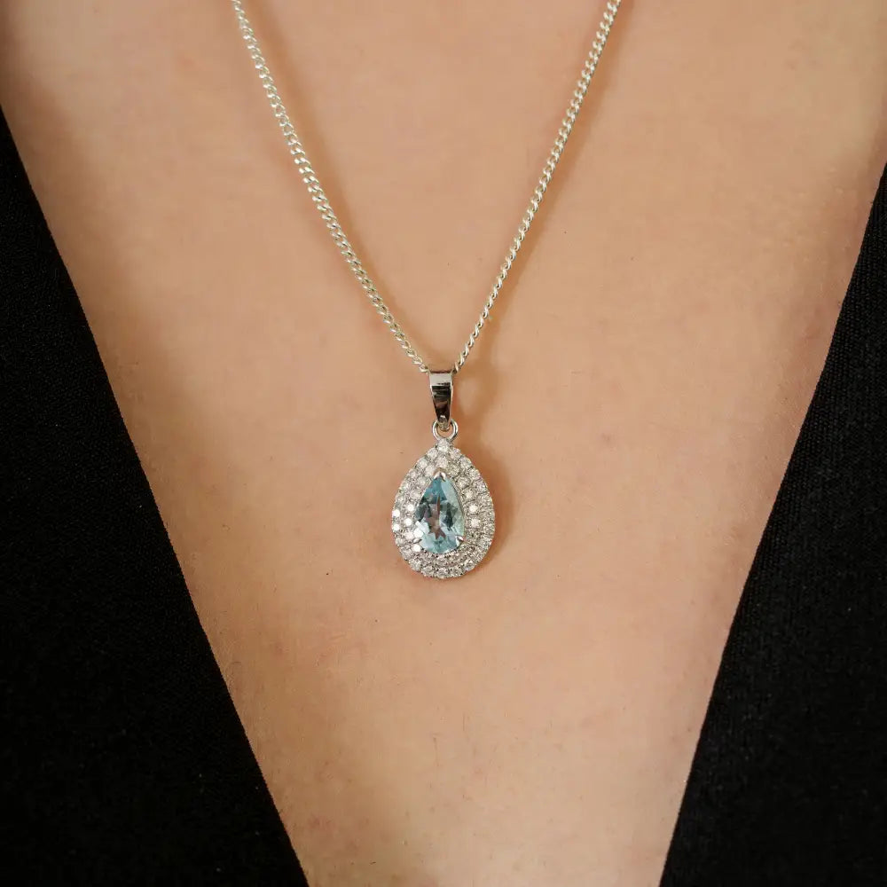 Trending Aquamarine & Diamond Pear Shape Double Cluster Pendant 14K Real White Gold