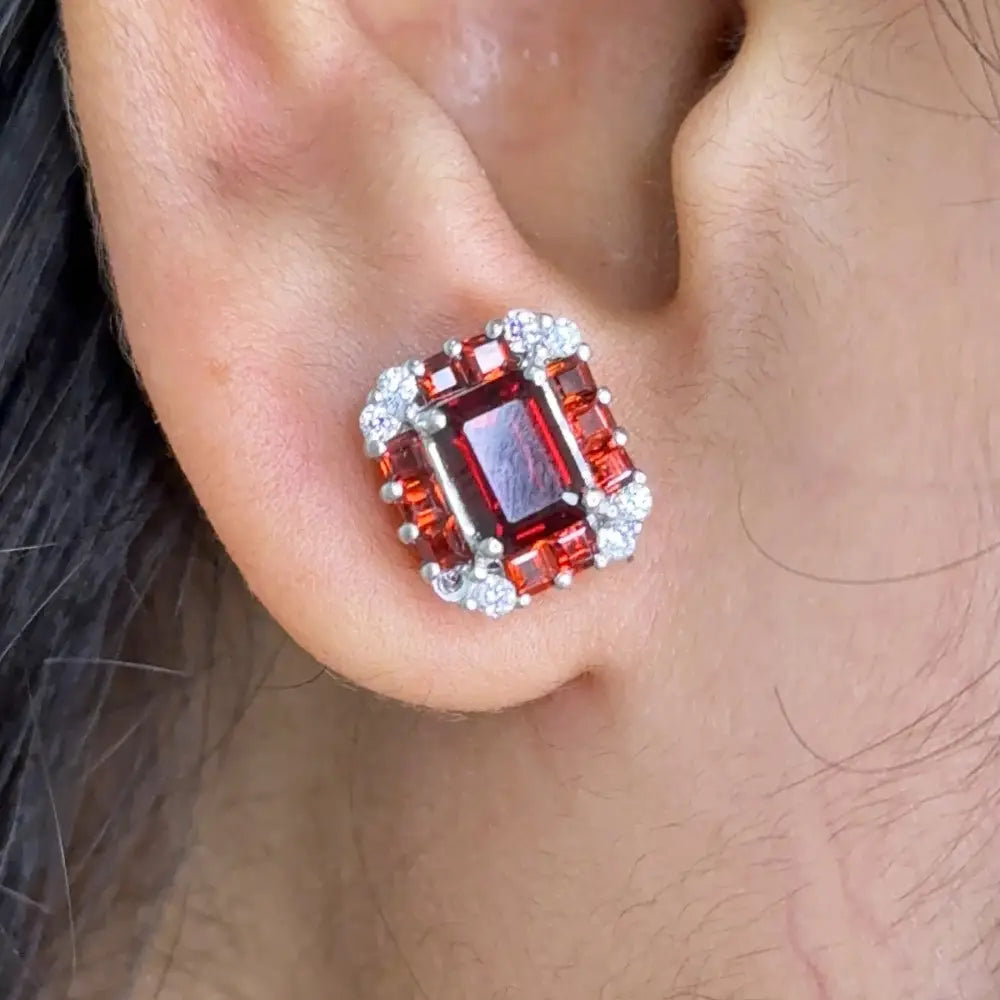 Elegant & Classic Style Real Garnet & American Diamond 925 Sterling Silver Minimal Stud Earrings