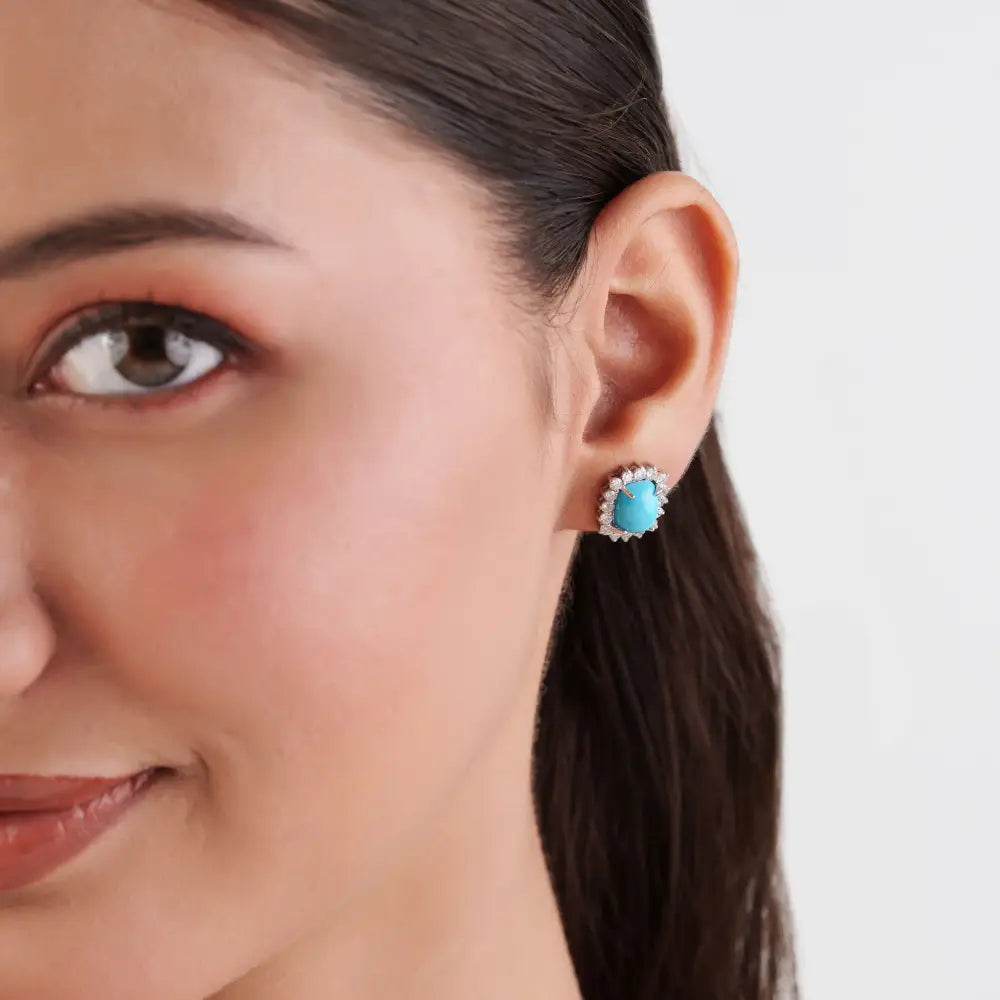 14K White Gold 9x7mm Octagon Cut Turquoise & Diamond Cluster Stud Earrings Bulk Jewelry