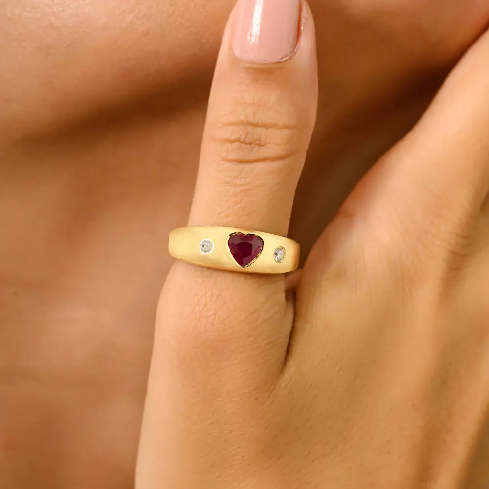 Heart Shape Ruby & Diamond Chunky Gypsy Ring Valentine's Day Gift 18K Yellow Gold