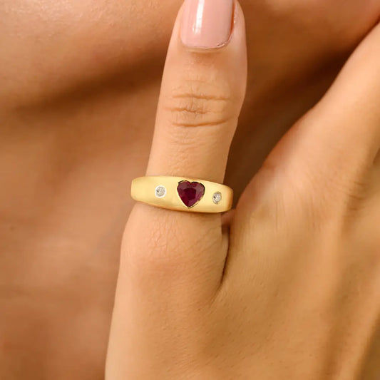 Heart Shape Ruby & Diamond Chunky Gypsy Ring Valentine's Day Gift 18K Yellow Gold