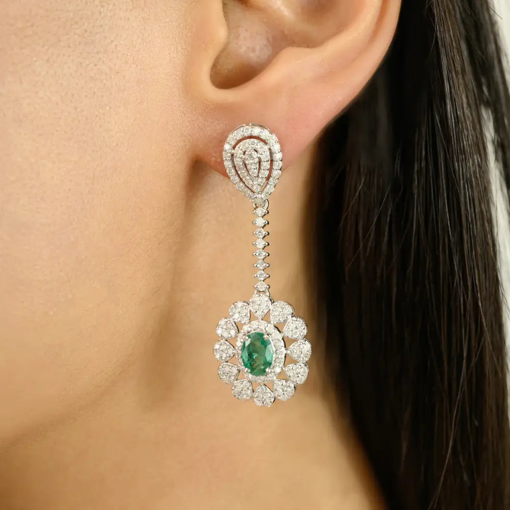 Statement Fine Jewelry Natural Emerald & Diamond Dangle Earrings Real K14 White Gold