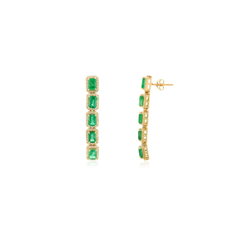New Trendy Genuine Emerald & Diamond Long Dangle Earrings 14K Gold Luxury Jewelry