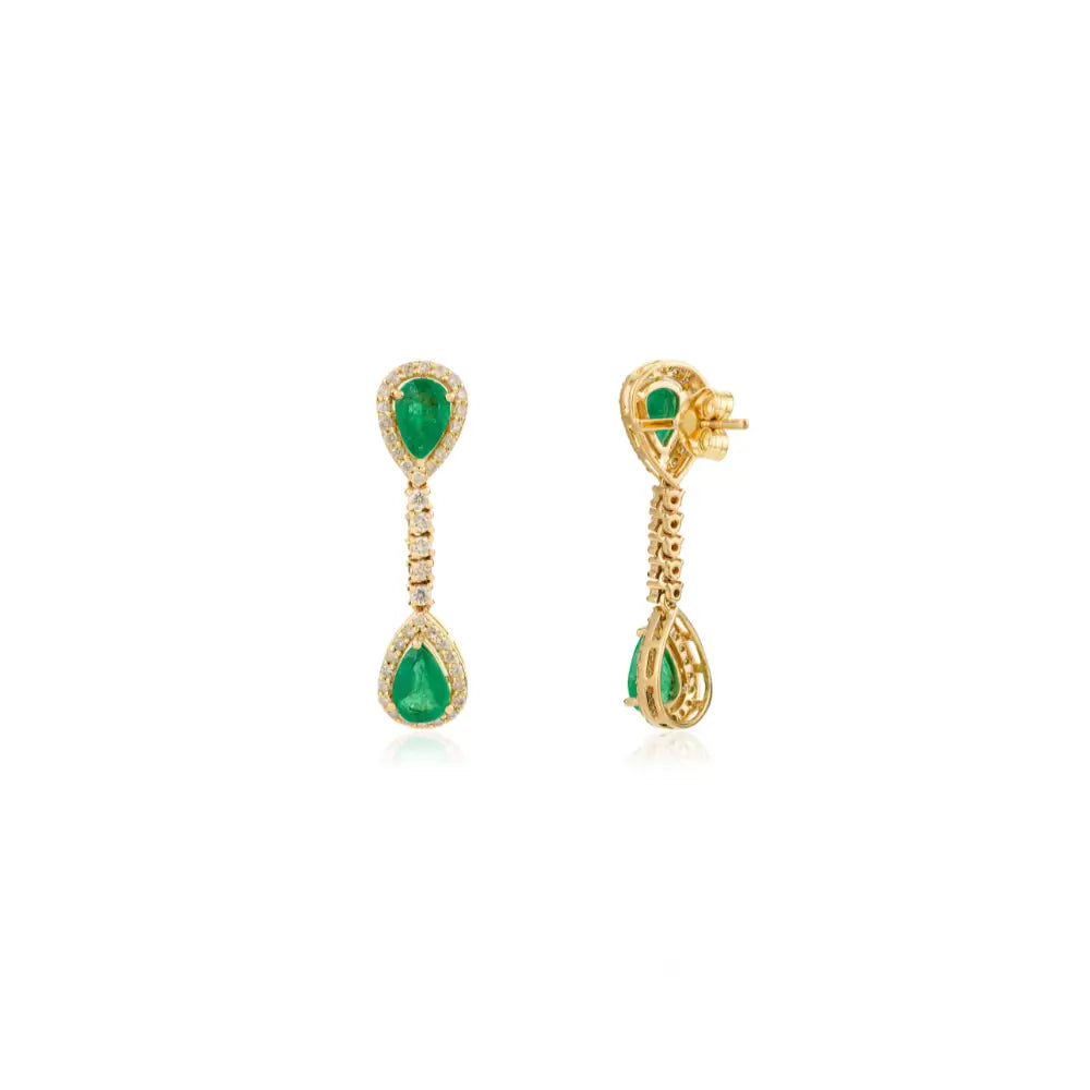 Halo Set Emerald & Diamond Pure 14K Yellow Gold Drop Earrings For Women Gemstone Jewelry