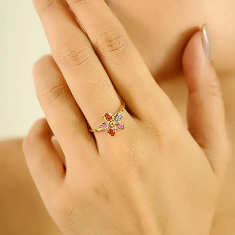 Stacking Design Bezel Set Multi Sapphire Flower Shape Ring Minimal Jewelry 14K Yellow Gold