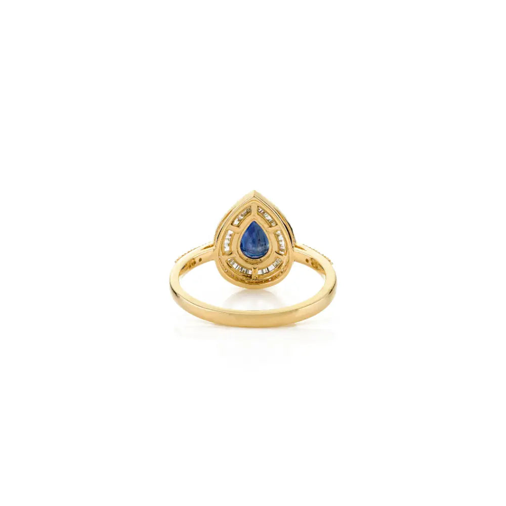 Pear Cut Blue Sapphire & Diamond Pure 14K Yellow Gold Double Halo Engagement Ring Women