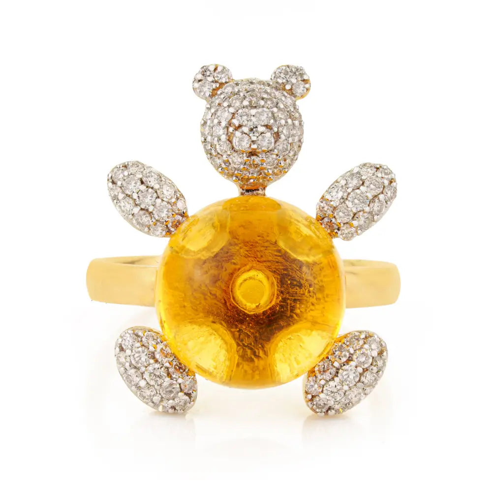 Unique Design Citrine & Diamond K18 Yellow Gold Teddy Bear Ring Statement Jewelry
