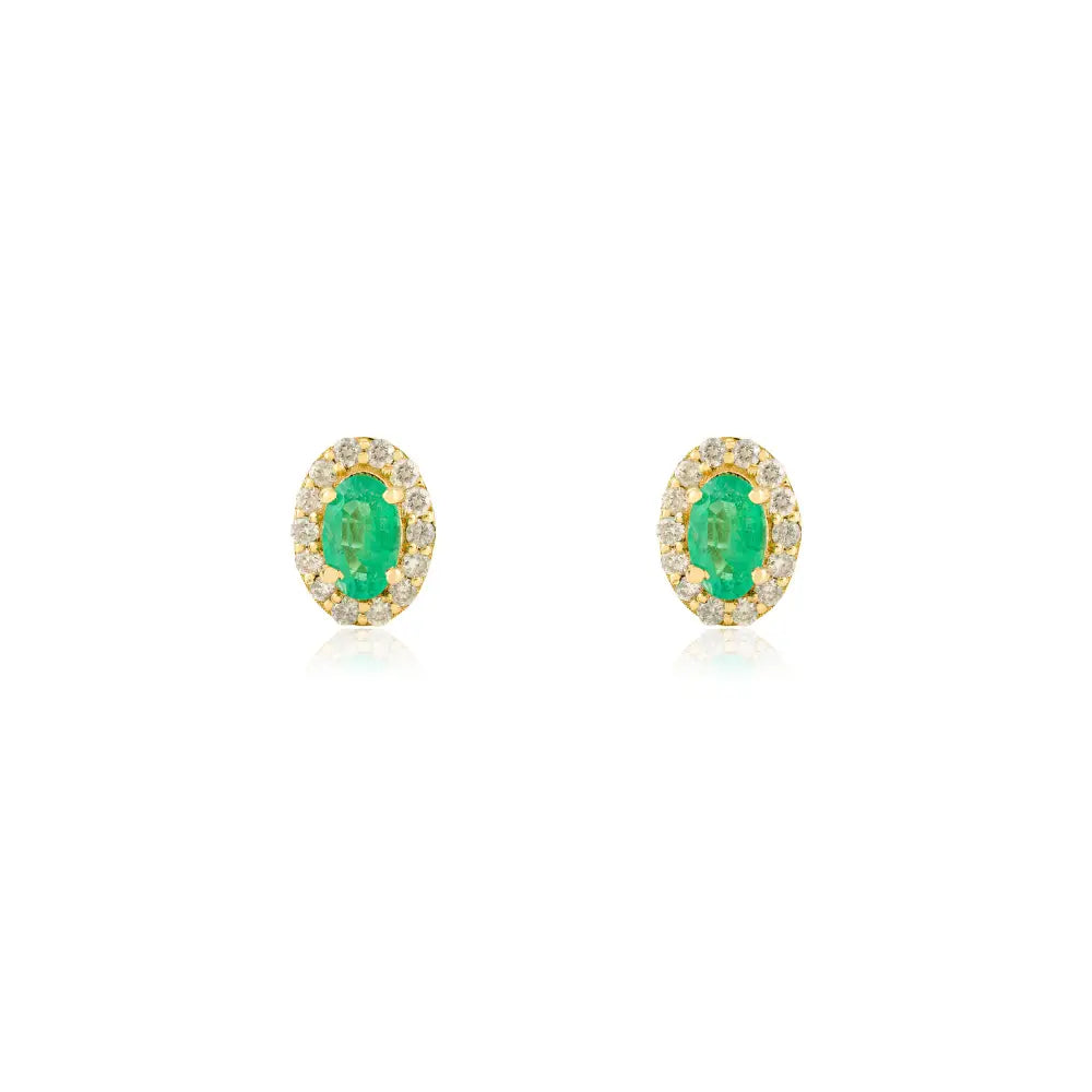 Stunning Minimal Emerald & Diamond Halo Small Stud Earrings Real K18 Yellow Gold Jewelry