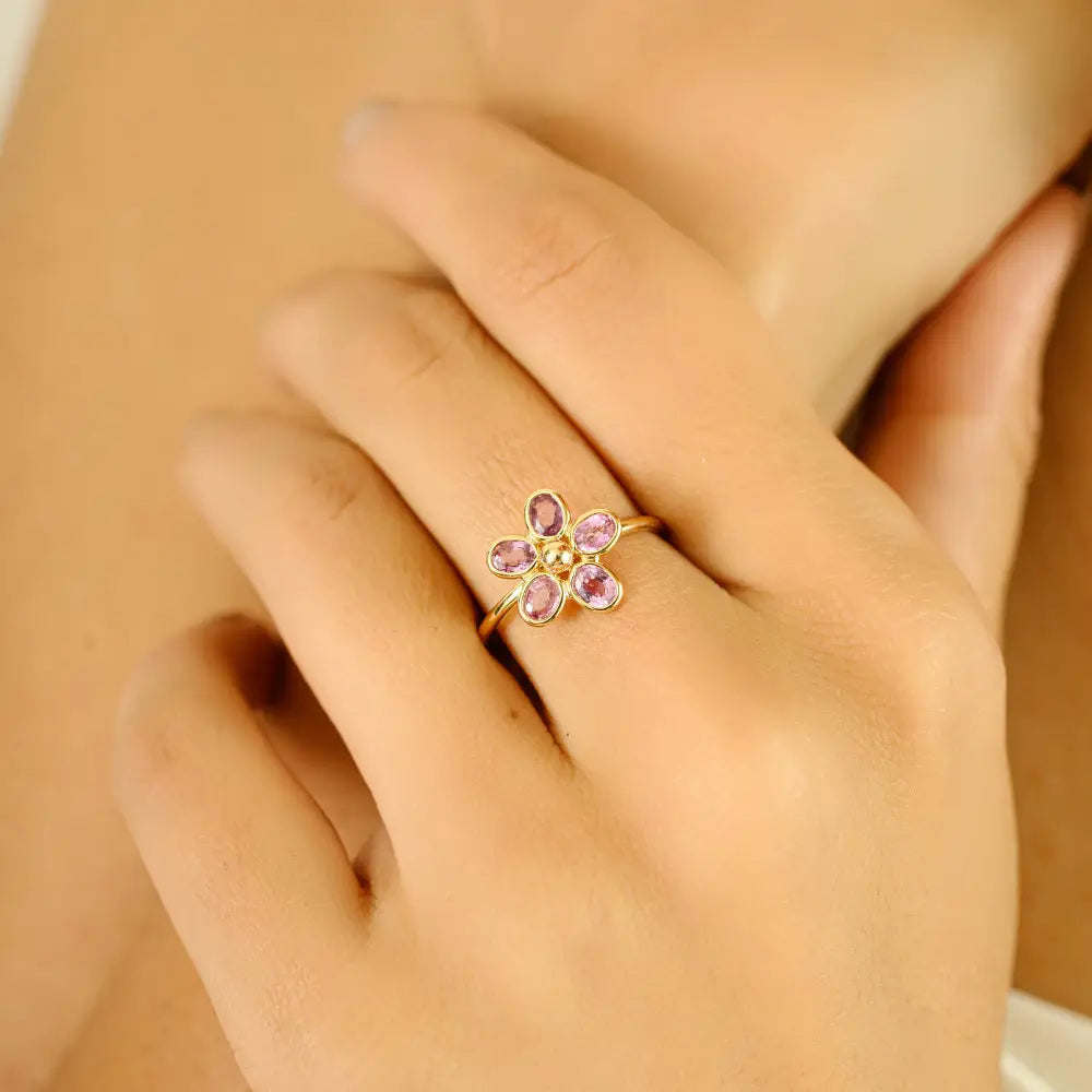 Elegant Design Bezel Set Pink Sapphire Pure 14K Yellow Gold Flower Shape Ring Fine Jewelry