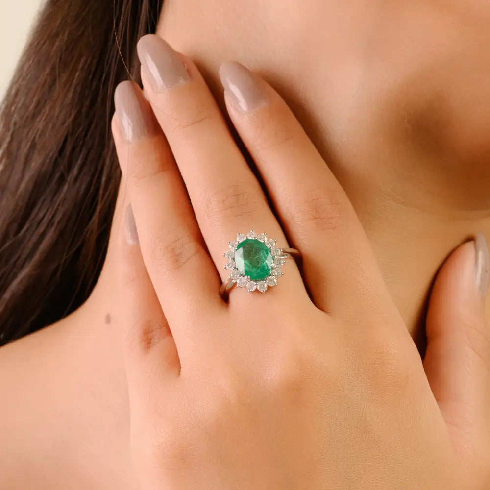 Prong Set Emerald & Diamond Cluster Ring 14K White Gold Engagement Jewelry May Birthstone