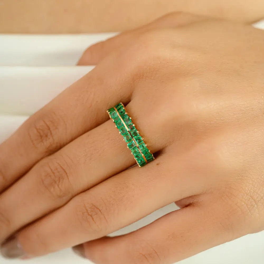Solid K14 Yellow Gold Emerald Double Row Half Eternity Band Ring May Birthstone Jewelry
