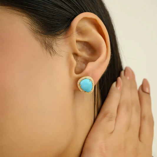 Uneven Shape Turquoise & Diamond Halo Stud Earrings K14 Yellow Gold Women Jewelry