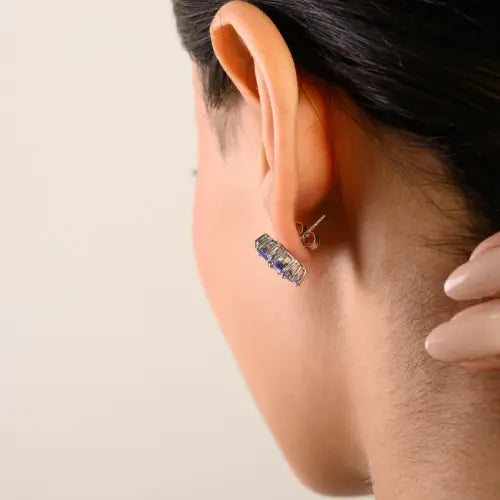 925 Silver Elegant Floral Cluster Natural Tanzanite & Diamond Stud Earrings For Women
