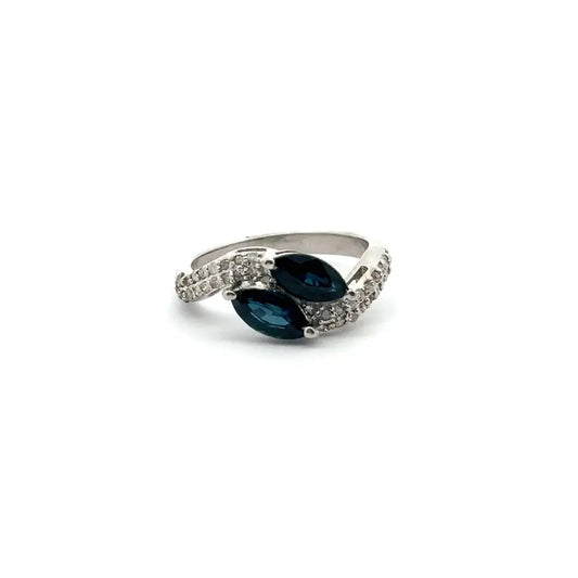 Marquise Shape Blue Sapphire & Round Cut American Diamond Two Stone Ring For Daily Wear